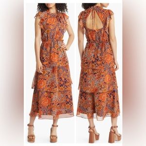 Julia Jordan Floral Tiered Flutter Sleeve Midi Dress